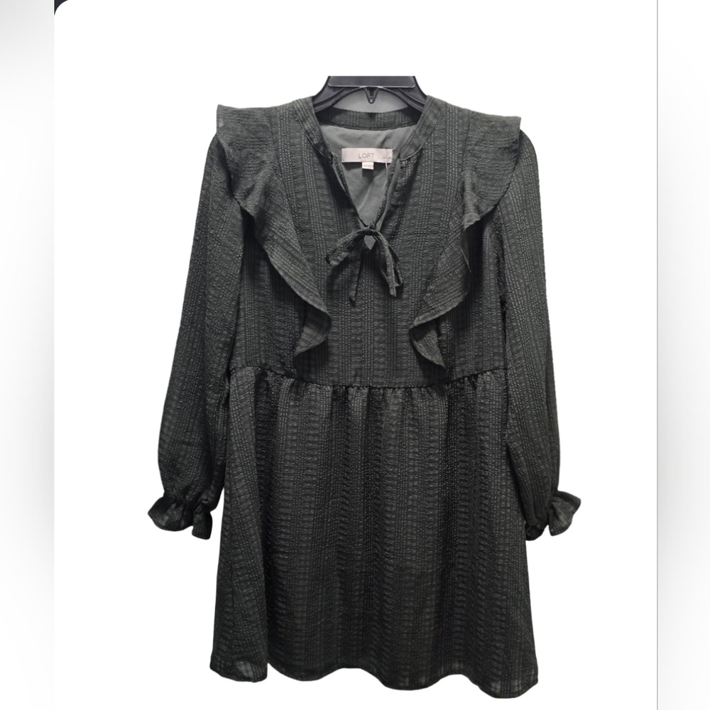 LOFT Women's Green Textured Long Sleeve Ruffle Keyhole Neckline Dress Lp Sz XXP